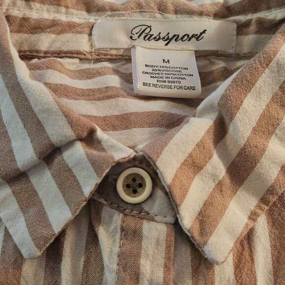 Striped Button-Up Shirt  Womans Crochet Back Panel Beige White Size Med Boho - Picture 10 of 13